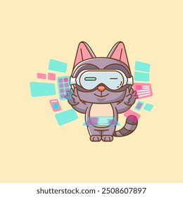 set Guaxinim bonito interagir realidade virtual óculos vr kawaii chibi personagem mascote ilustração esboço estilo