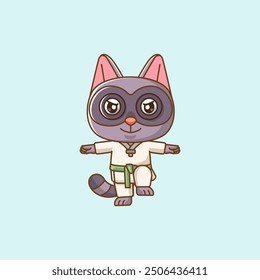 set Cute raccoon Karate training martial art kawaii chibi character mascot animal sport illustration outline design Icon