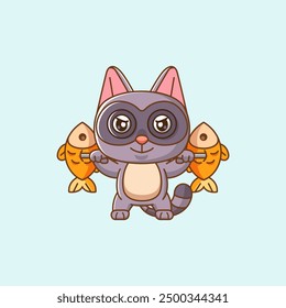 set Cute raccoon lifting fish barbel food kawaii chibi character mascot illustration outline style design