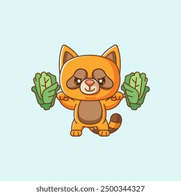 set Cute raccoon lifting vegetable barbel food kawaii chibi character mascot illustration outline style design