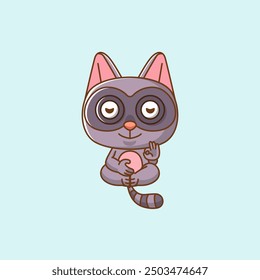 set Cute raccoon meditation yoga kawaii chibi character mascot illustration outline style design