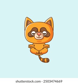 set Cute raccoon meditation yoga kawaii chibi character mascot outline style design