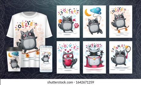 Set cute raccoon poster and merchandising. Vector eps 10