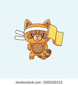 set Cute raccoon shouting with the flag and headband kawaii chibi character mascot illustration outline style design