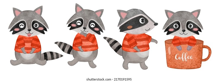 Set of cute raccoon in various pose in watercolor painting style, cartoon character for graphic design, vector illustration