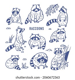 Set cute raccoons for design. North American animal, native mammal. Outline logos. Vector illustrations isolated on white background.