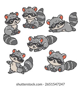 Conjunto de guaxinins bonitos em várias poses com ilustrações vetoriais desenhadas à mão. Estilo de arte plana Doodle, isolado e fácil de usar para projetos criativos e projetos.