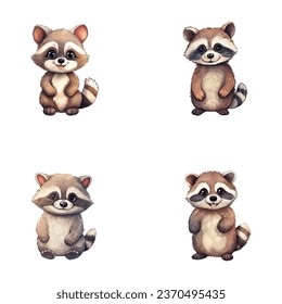 conjunto de ilustraciones de la acuarela de racoon lindo para imprimir en ropa de bebé, pegatinas, postales, duchas de bebé, juegos y libros, vectores de animales de la jungla de safari