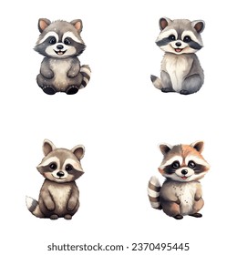 set of cute racoon watercolor illustrations for printing on baby clothes, sticker, postcards, baby showers, games and books, safari jungle animals vector