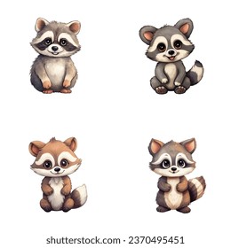 set of cute racoon watercolor illustrations for printing on baby clothes, sticker, postcards, baby showers, games and books, safari jungle animals vector