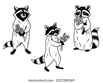 Set süße Raconde. Sammlung von stylisierten Schlägern mit Blumenstrauß. Romantisches Haustier. Liebe. Vektorgrafik auf weißem Hintergrund. Tattoo.