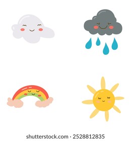 Set of Cute Rain Cloud Rainbow Sun Cartoon Character in the Sky
