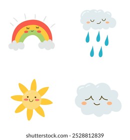 Set of Cute Rain Cloud Rainbow Sun Cartoon Character in the Sky