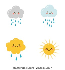 Set of Cute Rain Cloud Sun Cartoon Character in the Sky
