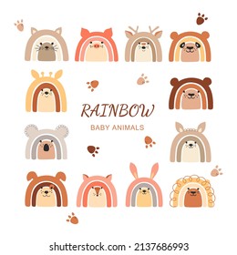 Set of cute rainbow baby animlas illustrations. Kids graphics in Scandinavian style. Rainbow, panda, bear, koala, bunny, llama, kitten, fox, lion. Posters, greeting cards, invitations, clothing. svg