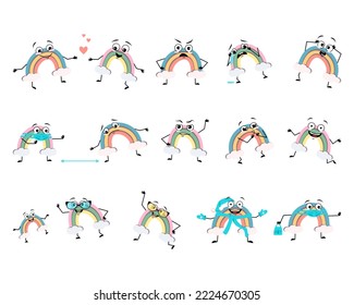 Set of cute rainbow character with happy or sad emotions, panic, loving or brave face, hands and legs. Person with with mask, glasses or hat. Vector flat illustration