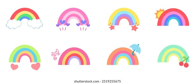 Set of cute rainbow and clouds icon set in different style with facial expression. Rainbow icon on white background. Vector icon.