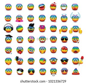 Set of cute rainbow flag emoticons isolated on white background - gay, smiley, emoji - vector illustration