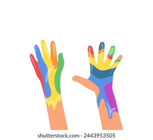 Set of cute rainbow paints colored human hands raised up vector illustration over white background