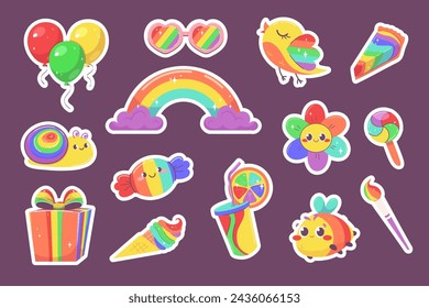 Set of cute rainbow stickers for kids. Rainbow, rainbow bee, sweets, flowers, gift, tassel, balloons. Vector illustration in flat style