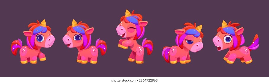 Set of cute rainbow unicorns isolated on background. Vector cartoon illustration of nice pony character with horn happy, smiling, jumping, playing, sad, surprised or scared. Sweet fairy tale animal