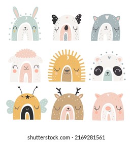 A set of cute rainbows with animal faces. Vector illustration