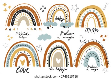Set of cute Rainbows. Cliparts for baby room, greeting cards, kids and baby t-shirts and wear, hand drawn nursery illustration.