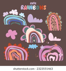 Set cute rainbows and clouds in pink colors on brown background. Vector illustration.
