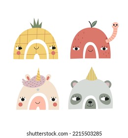 A set of cute rainbows with funny faces. Vector illustration