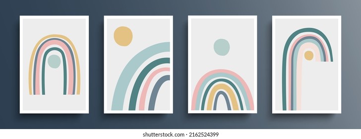 Conjunto de preciosos arcos. Colección de fondo de puente arco iris de color dibujado a mano en estilo escandinavo minimalista. Ilustración vectorial.