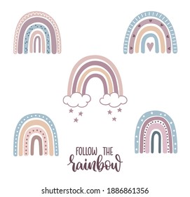 Set of cute rainbows with ornaments, hearts and stars in childish doodle style. Follow the rainbow hand lettering