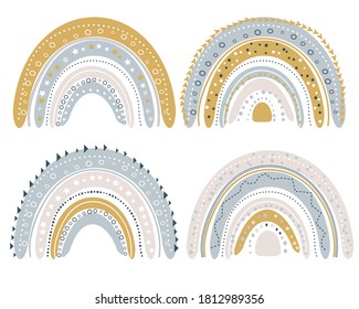 Set of cute rainbows in scandinavian style. Rainbows isolated on a white background. Bohemian boho pastel rainbow.