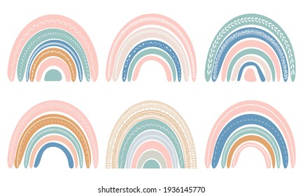 Set of cute rainbows in scandinavian style. Watercolor rainbow isolated on a white background. Pastel colors. Modern art. Bohemian style colors. Boho pastel rainbow.