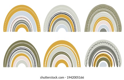 Set of cute rainbows in scandinavian style. Watercolor rainbow isolated on a white background. Pastel colors. Modern art. Bohemian style colors. Boho pastel rainbow.