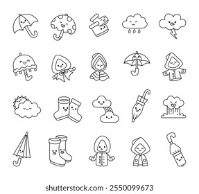 Set of cute rainy season collection with friendly kawaii weather characters including clouds, umbrellas, raincoats, rubber boots, and playful elements for joyful moments