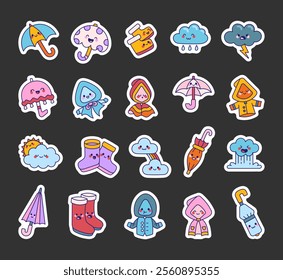 Set of cute rainy season collection with friendly kawaii weather characters including clouds, umbrellas, raincoats, rubber boots, and playful elements for joyful moments