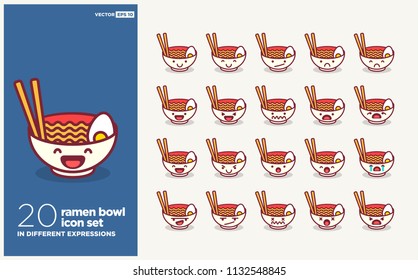 Set of Cute Ramen Bowl Emoji Line Icons In Different Expressions