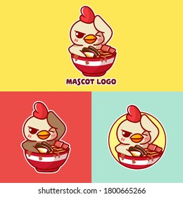 set of cute ramen chicken mascot logo with optional apprearance. premium kawaii vector