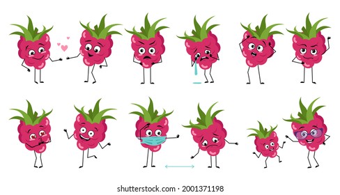 Set of cute raspberry characters with emotions, face, arms and legs. Smile or sad sweet berries with eyes, heroes fall in love, keep their distance, dance or cry