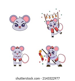 Set of cute rat cartoon with traditional clothes Zodiac sign Vector illustration
