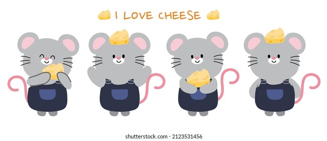 Set of cute rat with cheese in various poses cartoon on white background.Happy mouse collection.Animal character design.Kawaii.Vector.Illustration.