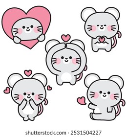 Set of cute rat in love concept.Heart.Valentines.Mouse.Reptile animal character cartoon design.Image for card,sticker,decoration.Baby graphic.Kawaii.Vector.Illustration.