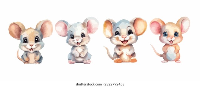 Set of cute rat or mouse animal watercolor isolated on white background. Vector illustration