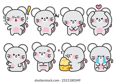 Conjunto de rato bonito em vários sentimentos e poses.Emotional.Chesse.Mouse.Rodent desenho animado personagem animal.Image para cartão,adesivo,decorado,bebê product.Kawaii.Vetor.Illustration.