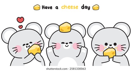 Set of cute rat in various poses with cheese.Mouse.Rodent animal character cartoon.Image for card,sticker,baby clothing,print screen.Kawaii.Vector.Illustration.