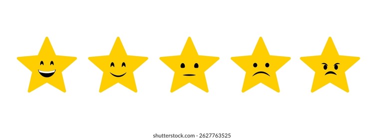 Set of cute rating stars with faces, sad, angry, cheerful. Various ratings from one to five stars. Review stars with good and bad ratings.