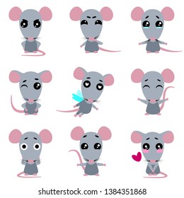 Set of cute rats character with different emotions. Cartoon rat. Vector collection.