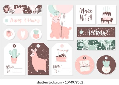 Set cute ready-to-use gift tags with lamas. Gifts, hearts, cups, cacti and magic. Printable collection of hand drawn Birthday or Valentine's Day label in gentle colors. Vector badge design