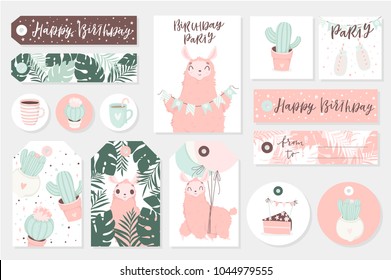 Set cute ready-to-use gift tags with lamas. Gifts, hearts, cups, cacti and magic. Printable collection of hand drawn Birthday or Valentine's Day label in gentle colors. Vector badge design