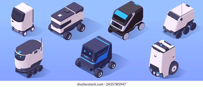 Set von niedlichen realistisch entworfenen Lieferrobotern. Sammlung von verschiedenen Arten von modernen Fahrzeugobjekten, die beim Transport im modernen Leben helfen. Isoliert auf blauem Hintergrund. Vektorgrafik